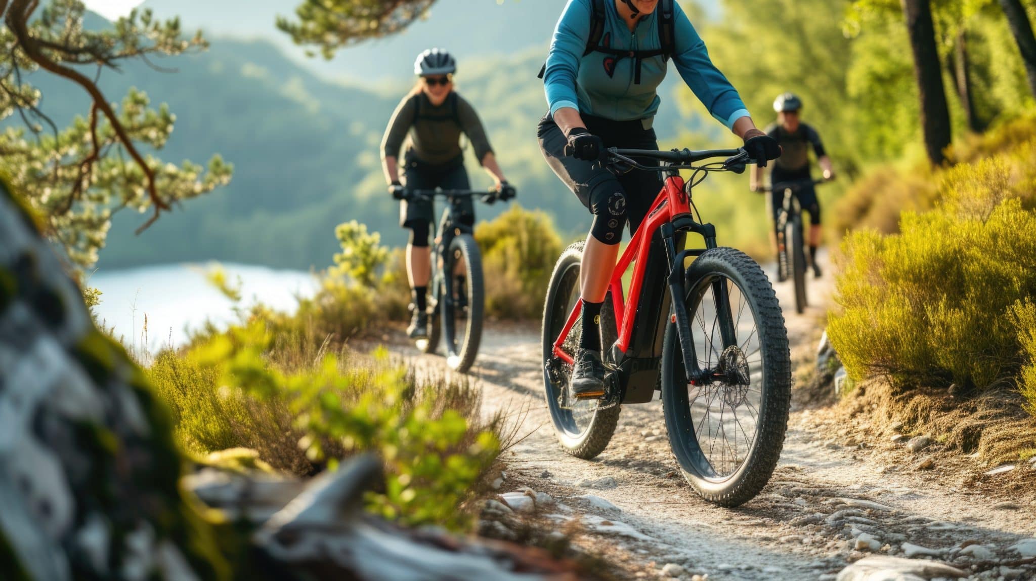E-Biker fahren auf einem Trail, umgeben von Natur.